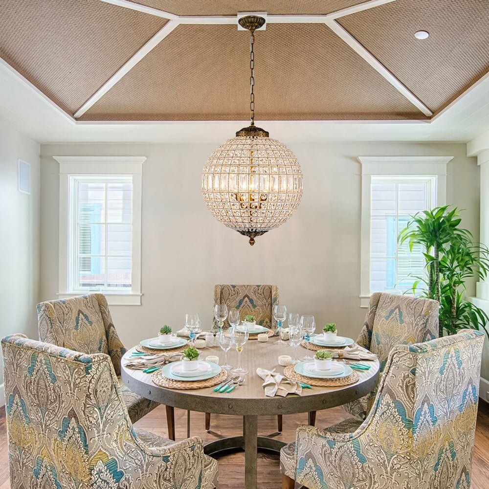 Spherical Crystal Chandelier with Aged Brass Frame – Hardwired Ceiling Fixture for Dining Room & Entryway | Thomler