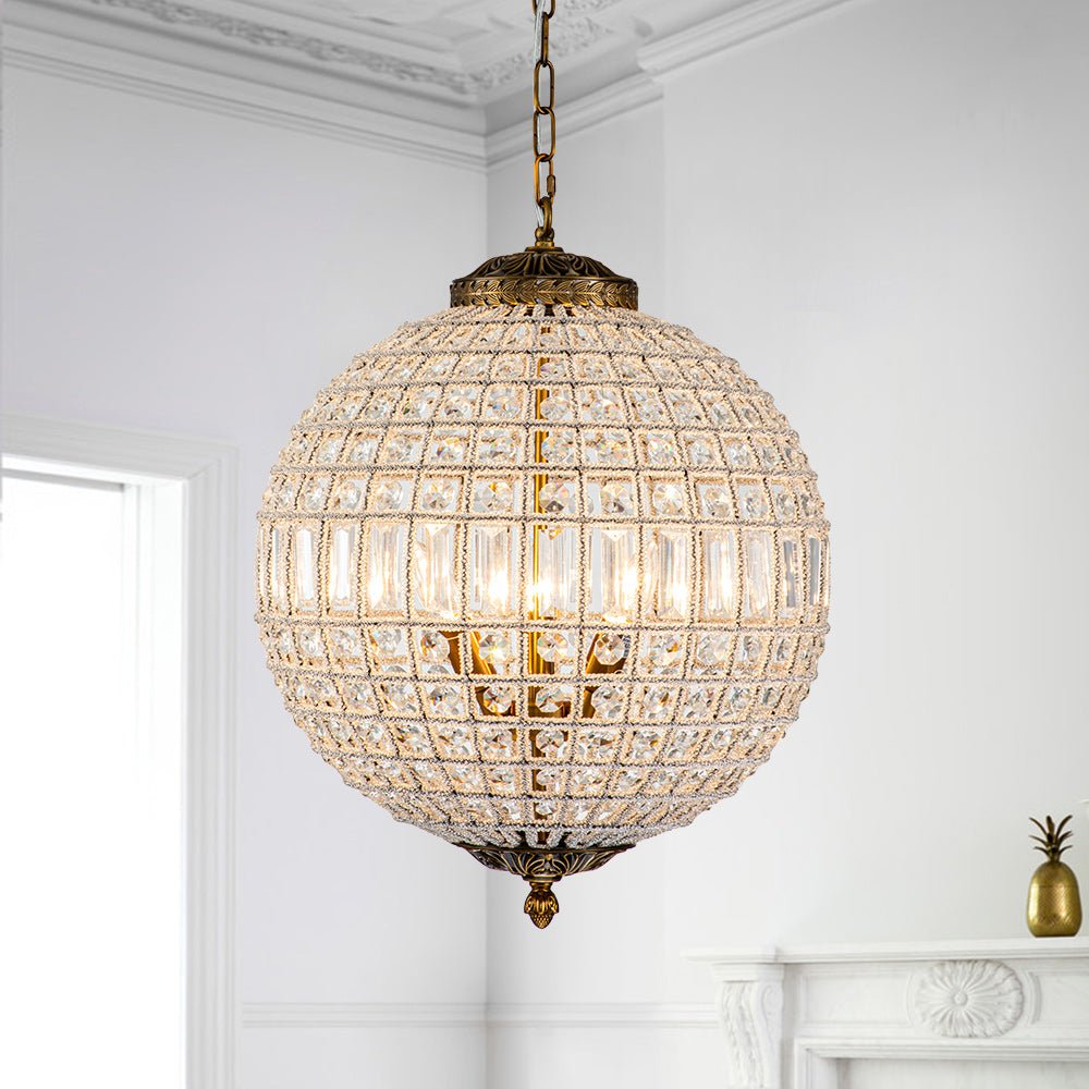 Spherical Crystal Chandelier with Aged Brass Frame – Hardwired Ceiling Fixture for Dining Room & Entryway | Thomler