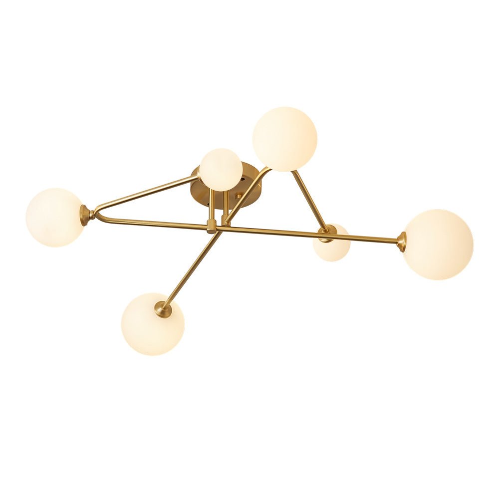 Mid-Century 6-Globe Ceiling Light with Brass Arms – Frosted Glass Shades, Hardwired Installation, G9 Base Compatible, Dimmable for Living | Thomler