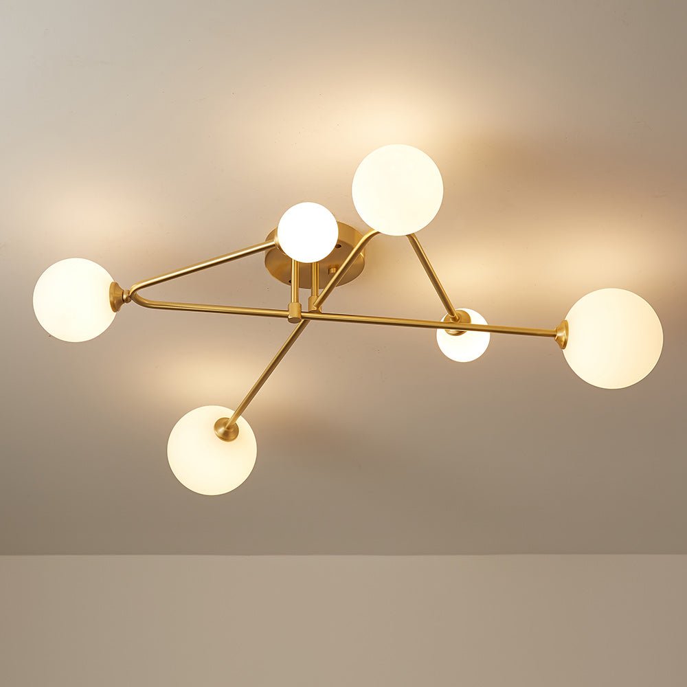 Mid-Century 6-Globe Ceiling Light with Brass Arms – Frosted Glass Shades, Hardwired Installation, G9 Base Compatible, Dimmable for Living | Thomler