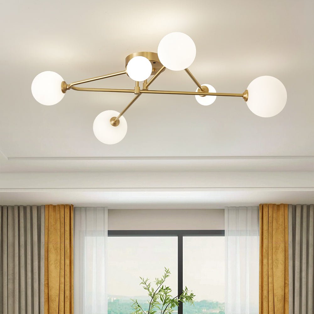 Mid-Century 6-Globe Ceiling Light with Brass Arms – Frosted Glass Shades, Hardwired Installation, G9 Base Compatible, Dimmable for Living | Thomler