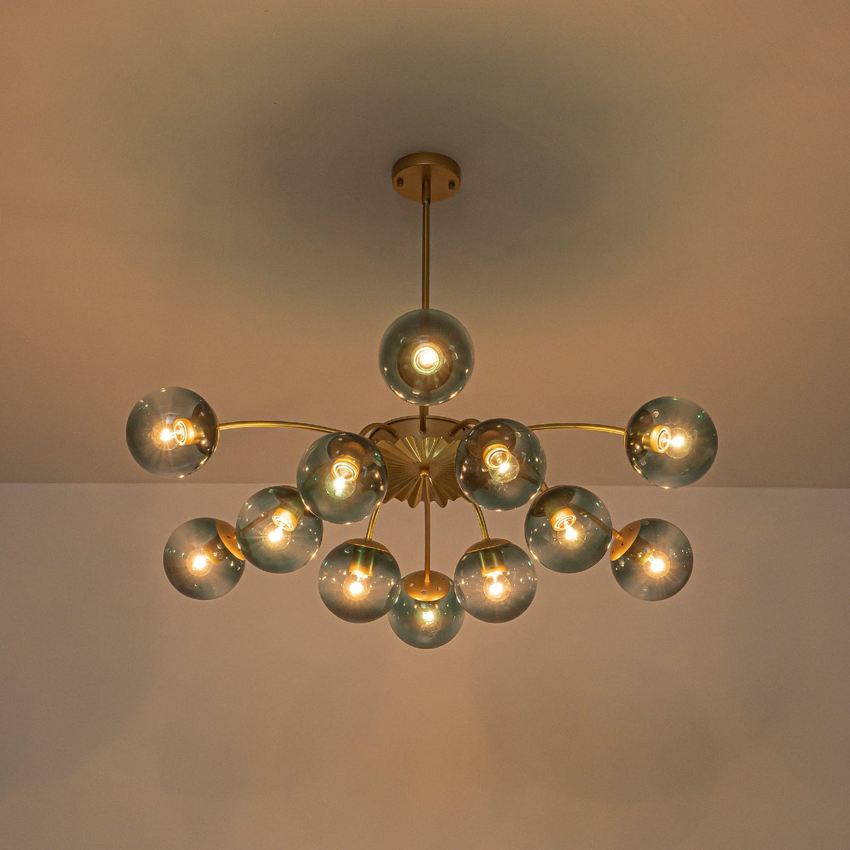 12-Arm Starburst Ceiling Light with Gradient Azure Sphere Shades & Metallic Finish for Entryway | Thomler