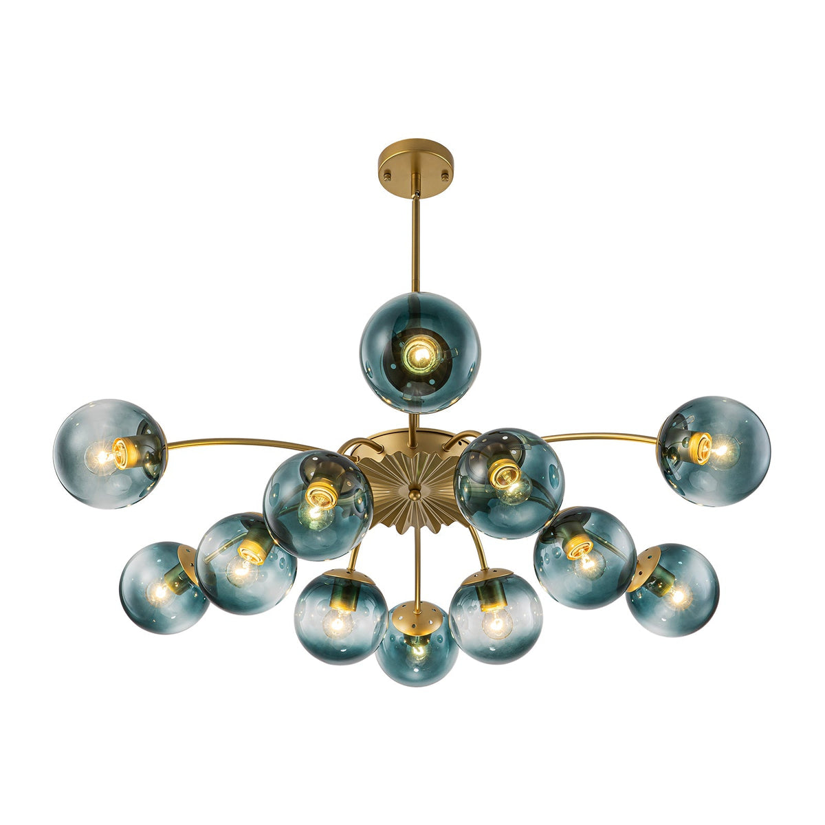 12-Arm Starburst Ceiling Light with Gradient Azure Sphere Shades & Metallic Finish for Entryway | Thomler