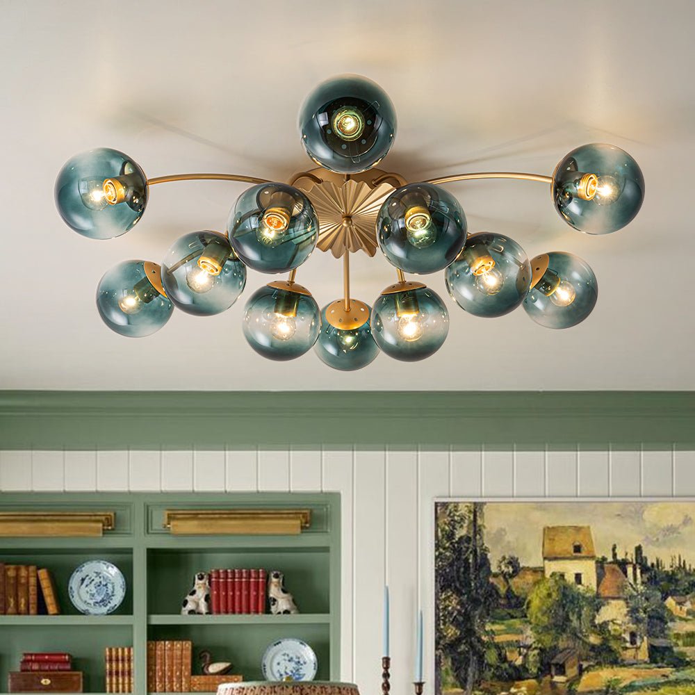 12-Arm Starburst Ceiling Light with Gradient Azure Sphere Shades & Metallic Finish for Entryway | Thomler