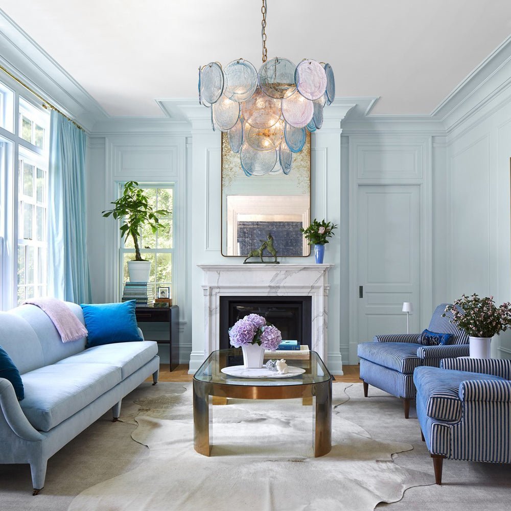Layered Round Ceiling Fixture with Hand-Blown Sapphire Swirl Glass Discs for Dining Room & Entryway | Thomler