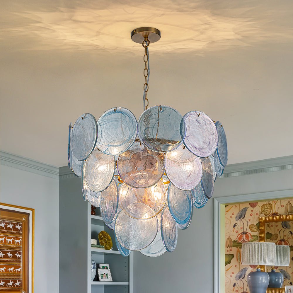 Layered Round Ceiling Fixture with Hand-Blown Sapphire Swirl Glass Discs for Dining Room & Entryway | Thomler