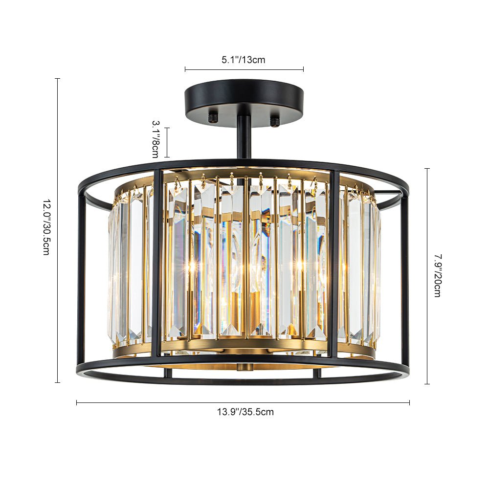 Three-Light Semi-Flush Drum Fixture with Faceted Glass Accents and Dual-Tone Metal Frame for Dining Room, Entryway, Bedroom, Kitchen | Thomler