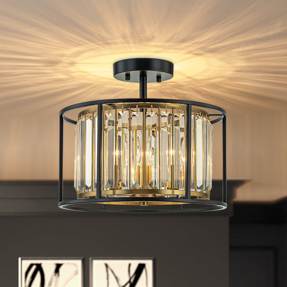 Three-Light Semi-Flush Drum Fixture with Faceted Glass Accents and Dual-Tone Metal Frame for Dining Room, Entryway, Bedroom, Kitchen | Thomler
