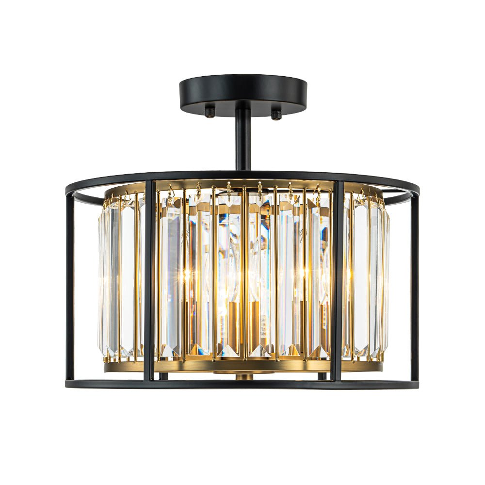 Three-Light Semi-Flush Drum Fixture with Faceted Glass Accents and Dual-Tone Metal Frame for Dining Room, Entryway, Bedroom, Kitchen | Thomler