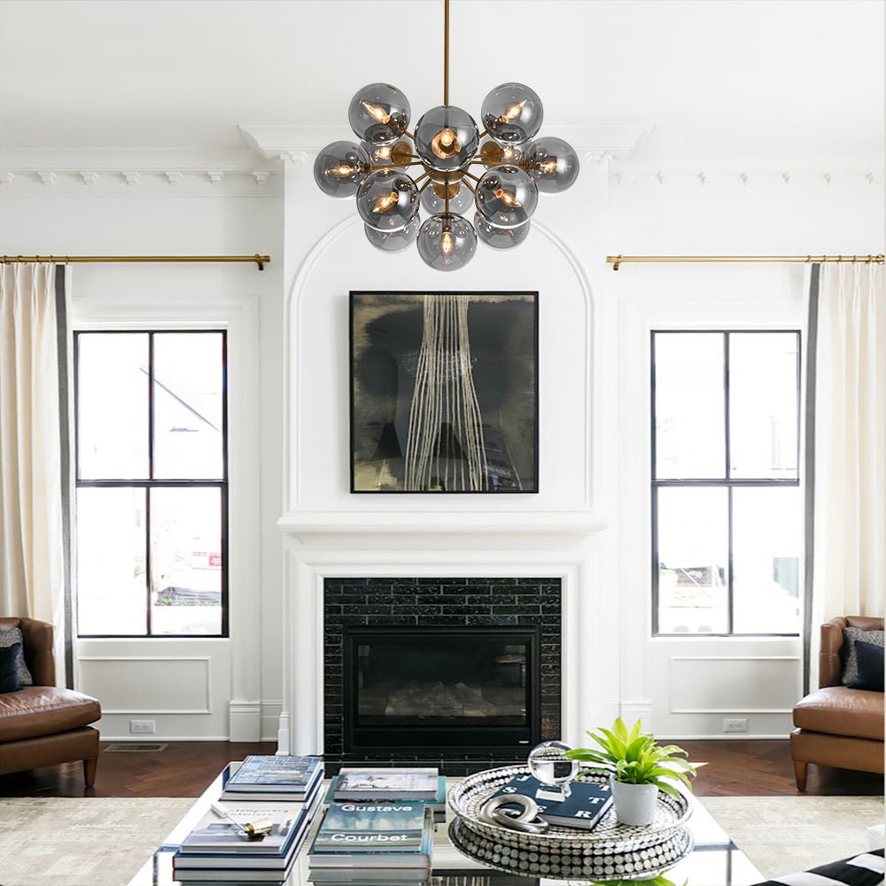 Pendant Light Smoked Glass 60.0 cm Brass Dining Room Sunburst Chandelier Adjustable Semi Flush Ceiling Light | Thomler