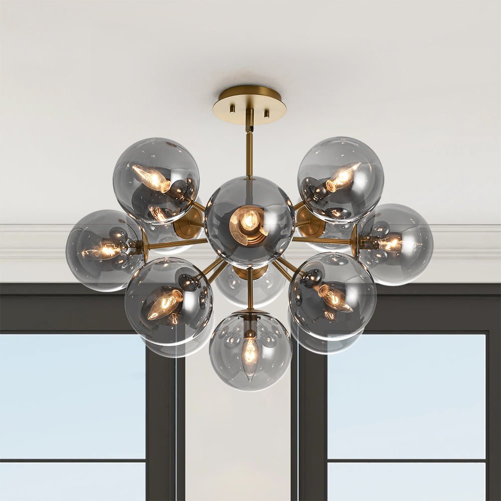 Pendant Light Smoked Glass 60.0 cm Brass Dining Room Sunburst Chandelier Adjustable Semi Flush Ceiling Light | Thomler