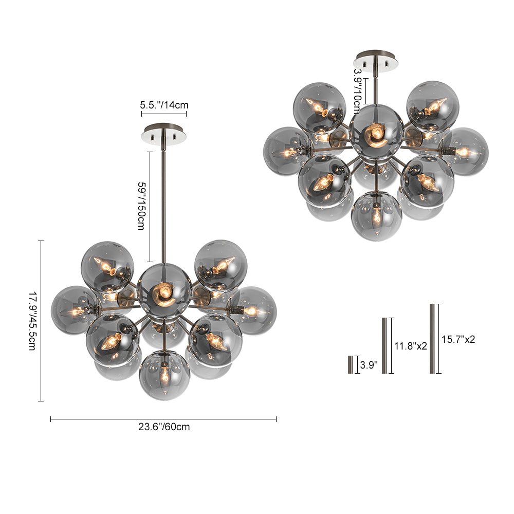 Pendant Light Smoked Glass 60.0 cm Brass Dining Room Sunburst Chandelier Adjustable Semi Flush Ceiling Light | Thomler