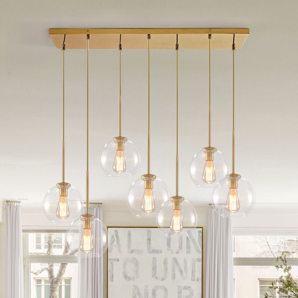 Pendant Light Glass Sphere 90.0 cm Brass Kitchen Island Dining Room Adjustable Seven Light Ceiling Fixture | Thomler