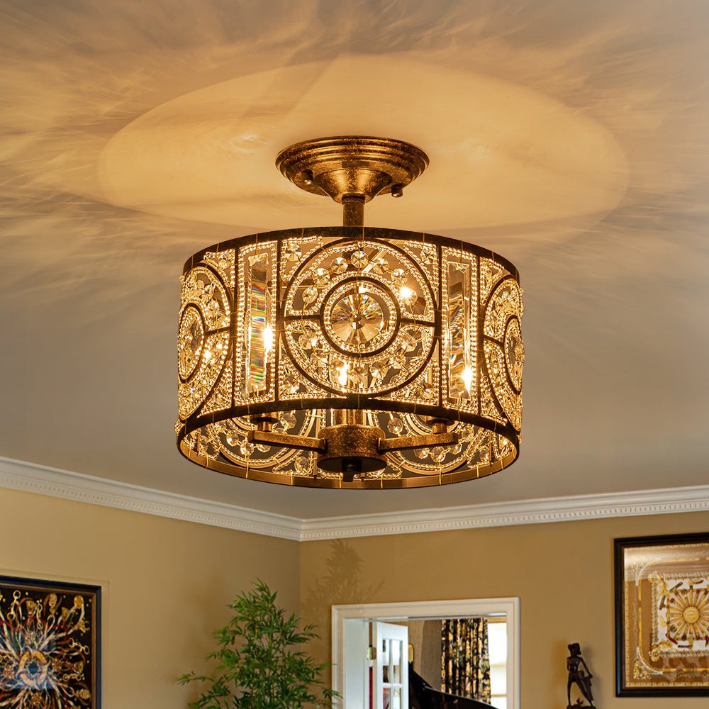 Ceiling Light Crystal Glass 30.0 cm Black Gold Dining Room Vintage Drum Fixture | Thomler