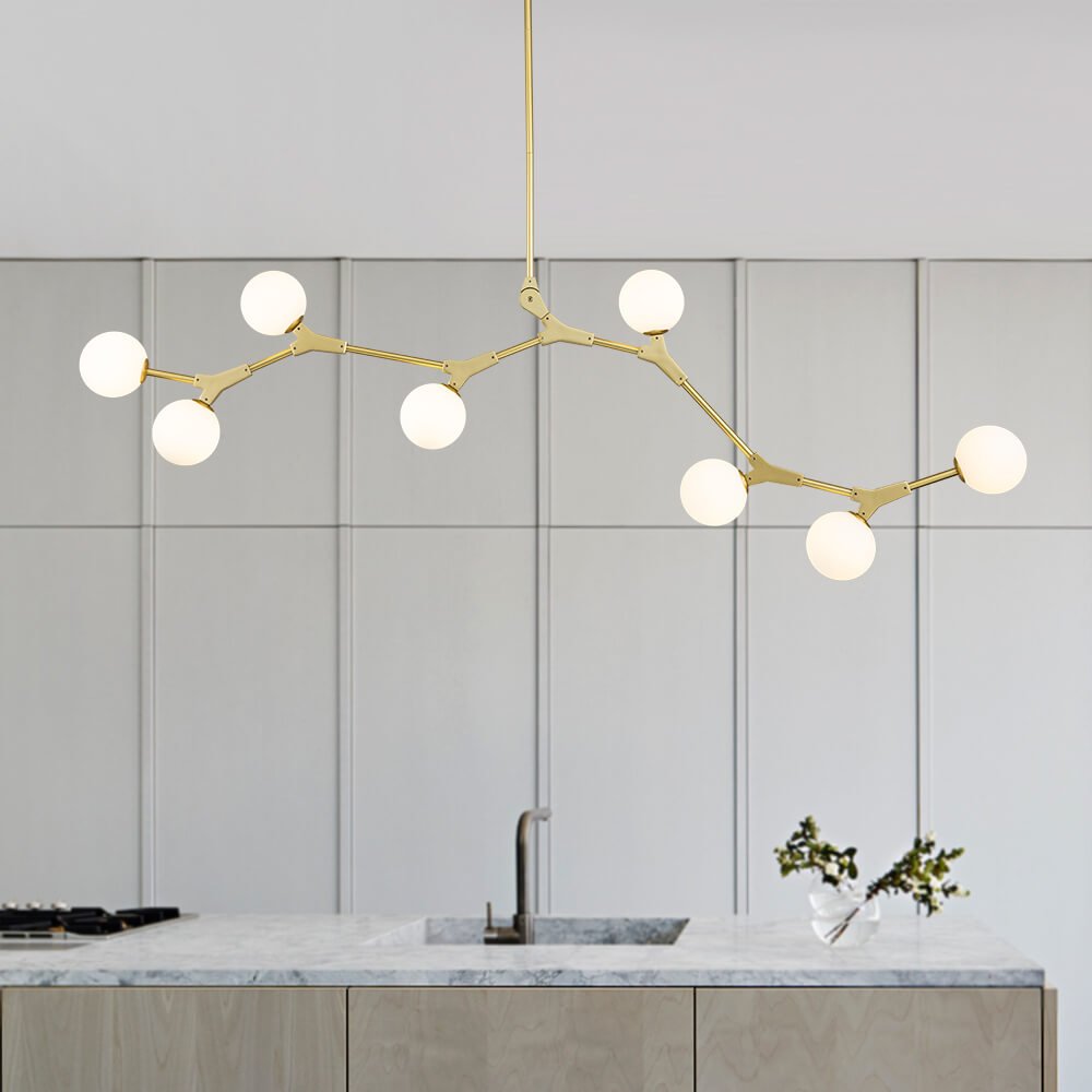Eight-Light Glass Sphere Dining Room Chandelier with Adjustable Rod – Metal Frame – Hardwired Modern Fixture for Kitchen Island & Entryway | Thomler