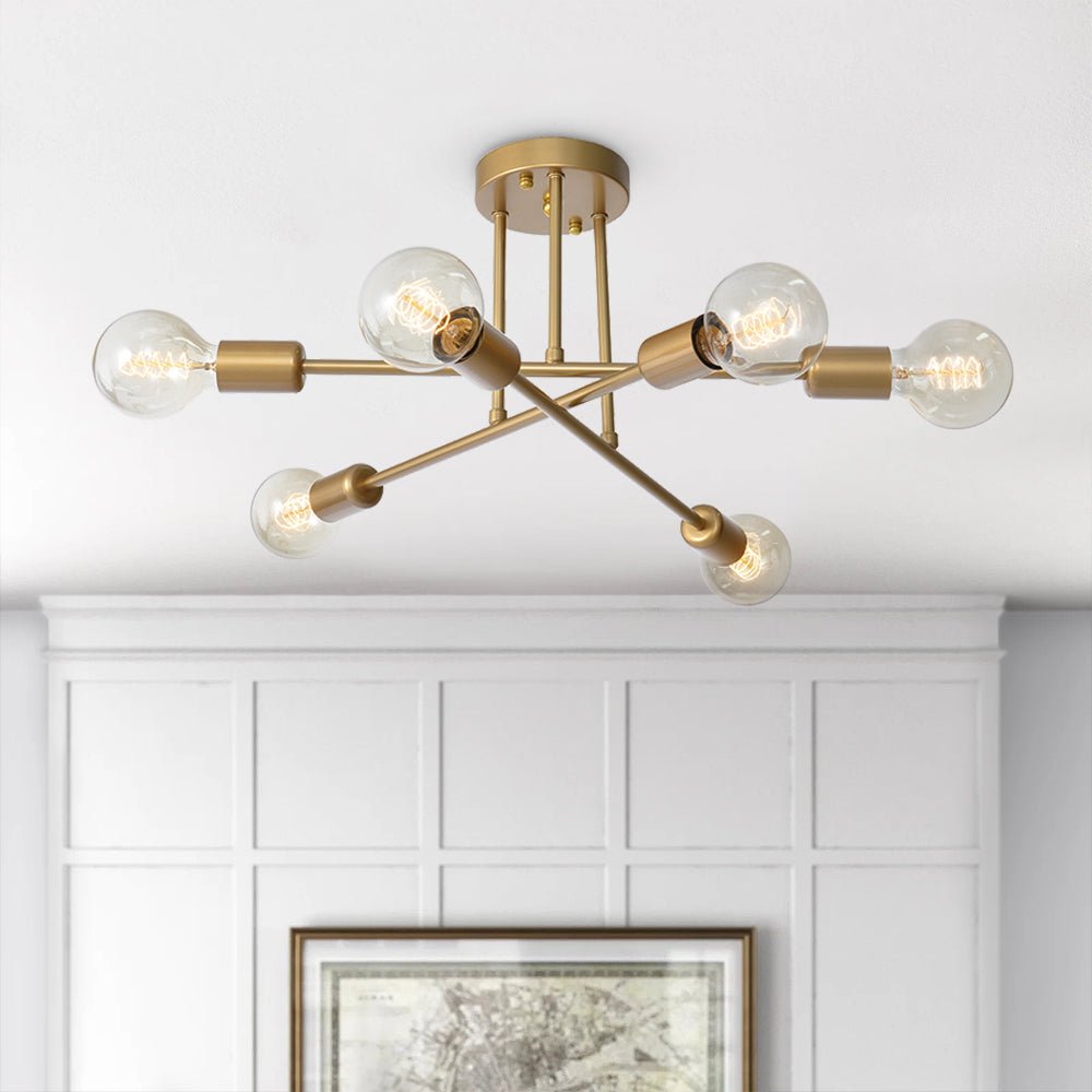 6-Light Starburst Ceiling Fixture in Warm Gold Tone – Close-to-Ceiling Geometric Chandelier for Dining Room, Bedroom & Entryway | Thomler