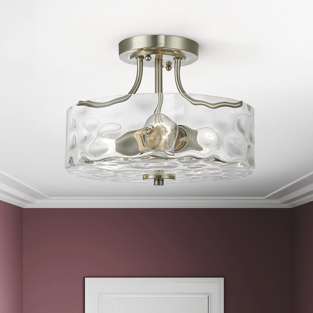 Ceiling Light Hammered Glass 30.0 cm Brushed Nickel Kitchen Hallway Bedroom Semi Flush Mount Drum Lamp | Thomler