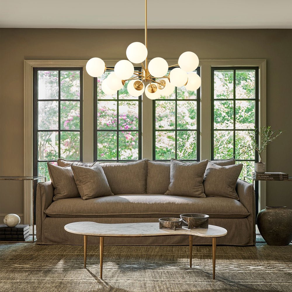 12-Light Mid-Century Ceiling Fixture with Frosted Glass Spheres & Golden Metal Arms for Dining Room, Foyer, Bedroom | Thomler