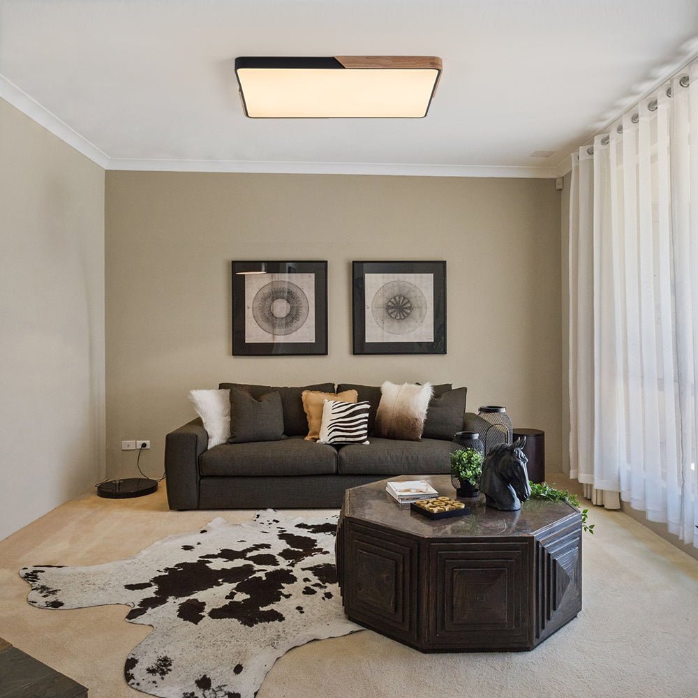 Modern Farmhouse Wood Frame Ceiling Light Fixture - Dimmable LED Low Profile Panel for Kitchen, Living Room, Bedroom - 5 Color | Thomler