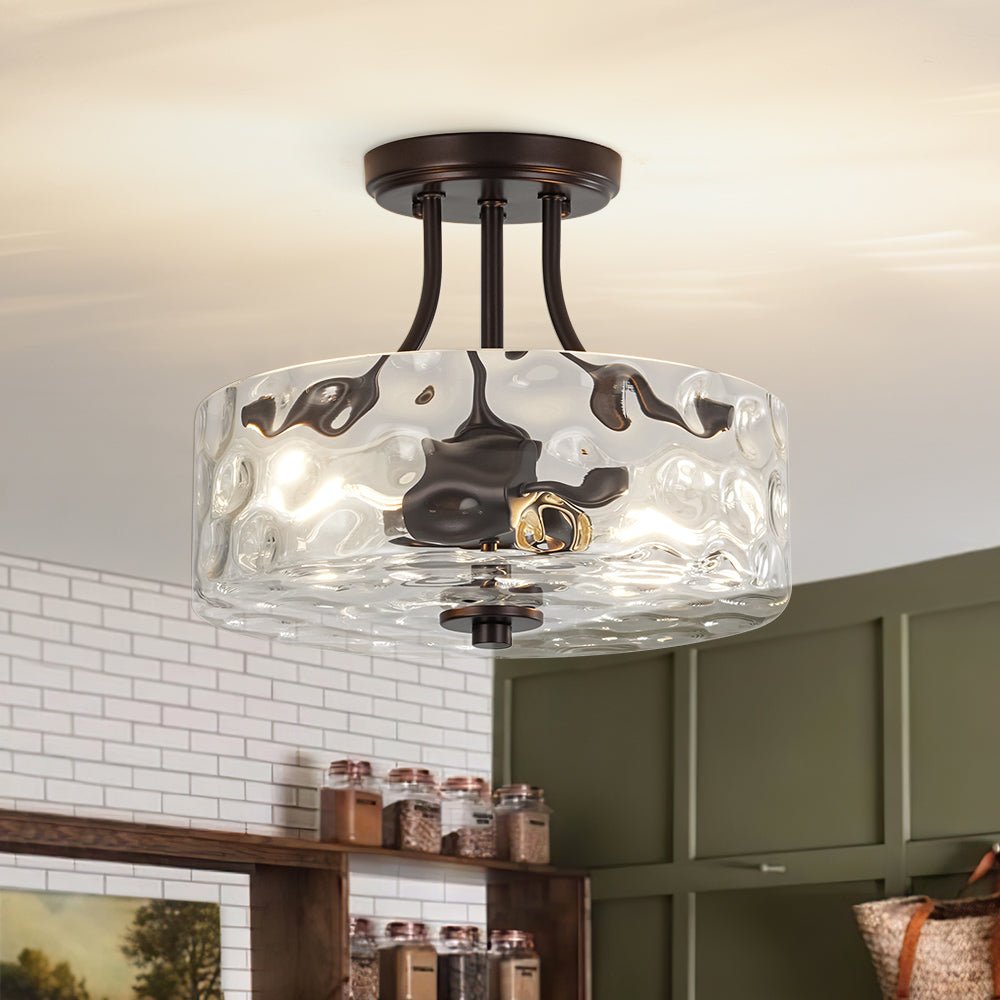 Ceiling Light Hammered Glass Drum 30.0 cm Semi Flush Bathroom Dining Room Hallway Fixture | Thomler