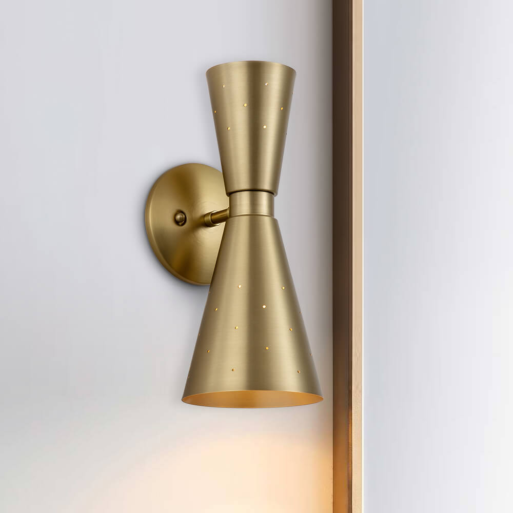 Perforated Metal Wall Light Fixture Dual Cone Sconce Brass Nickel Hardwired Uplight Downlight Bedroom Bathroom Hallway Entryway Ambient | Thomler