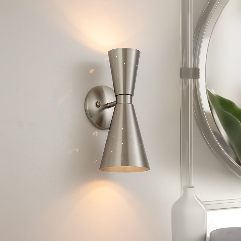 Perforated Metal Wall Light Fixture Dual Cone Sconce Brass Nickel Hardwired Uplight Downlight Bedroom Bathroom Hallway Entryway Ambient | Thomler