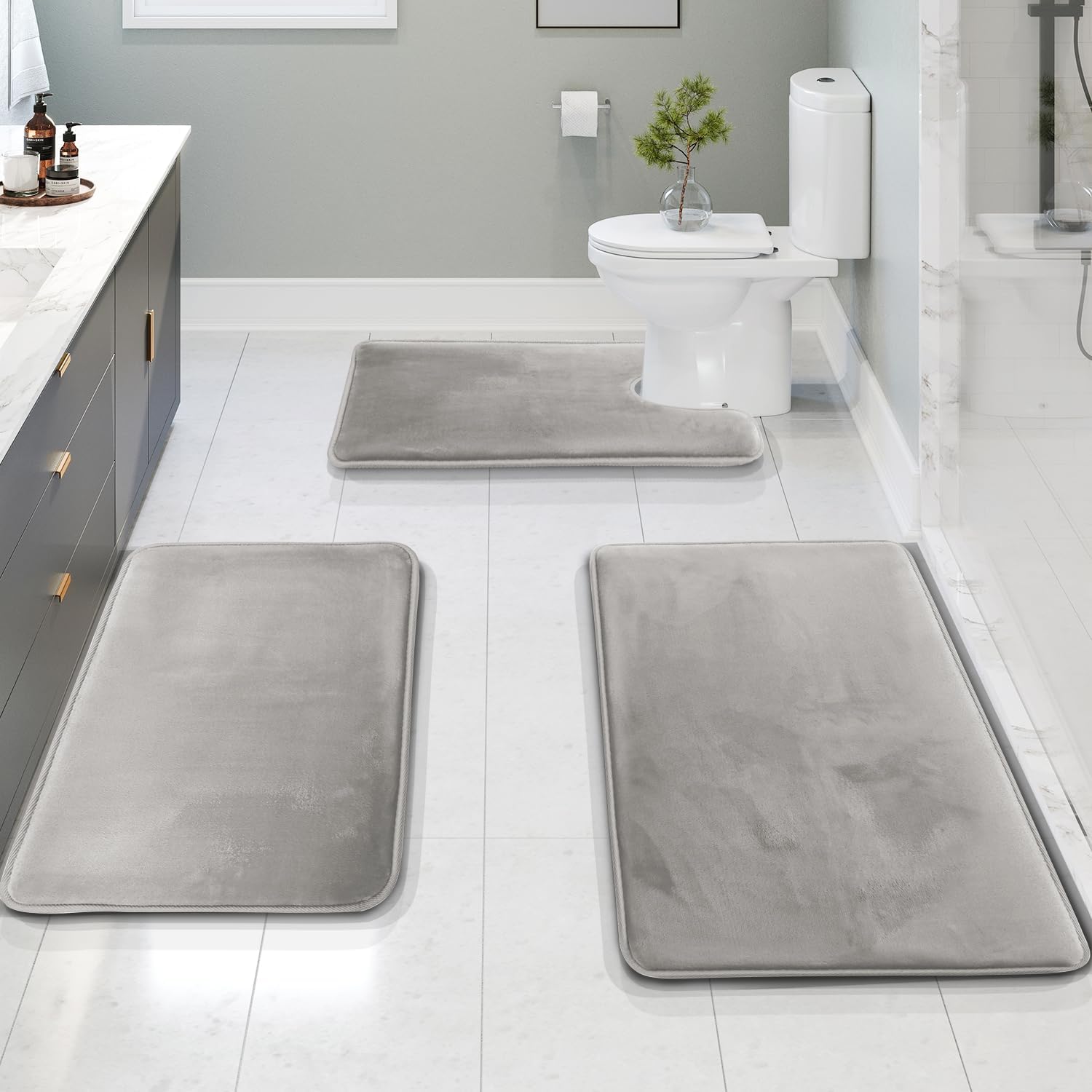 Bath Mat Set Memory Foam Velvet 50.0 x 80.0 cm Grey Non Slip Bathroom Floor Mats Absorbent Toilet Rug Set | Thomler