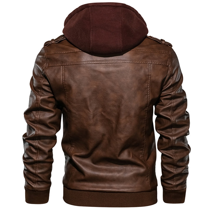 Men's Hooded Faux Leather Jacket with Removable Hood – Waterproof Scratch-Resistant Moto Biker Coat for Fall Winter | Thomler