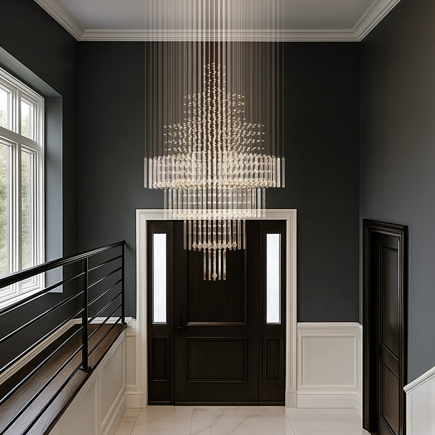 Tiered Crystal Chandelier with Cascading Glass Drops for Foyer, Staircase & High Ceilings – Adjustable Height Modern Lighting Fixture | Thomler