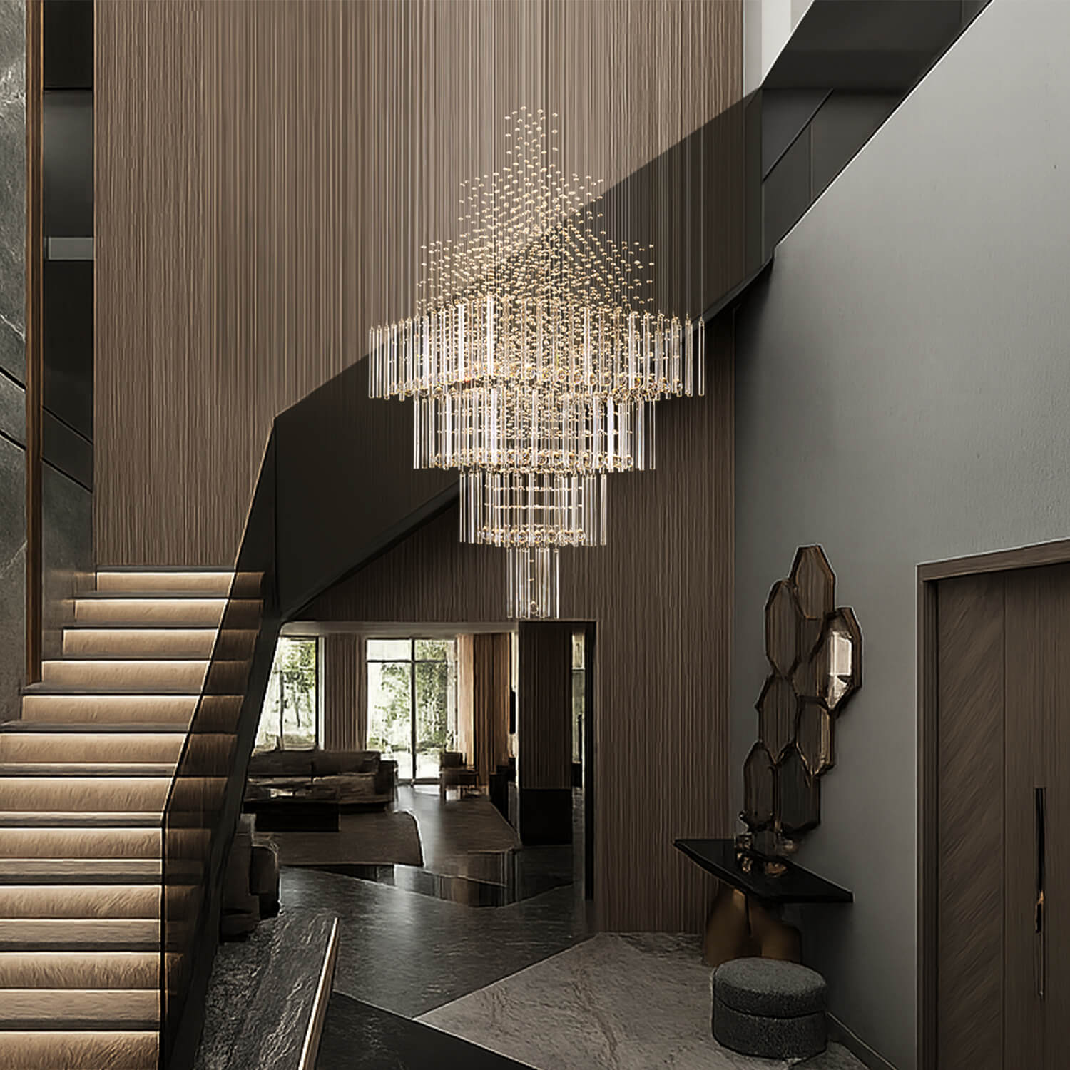 Tiered Crystal Chandelier with Cascading Glass Drops for Foyer, Staircase & High Ceilings – Adjustable Height Modern Lighting Fixture | Thomler