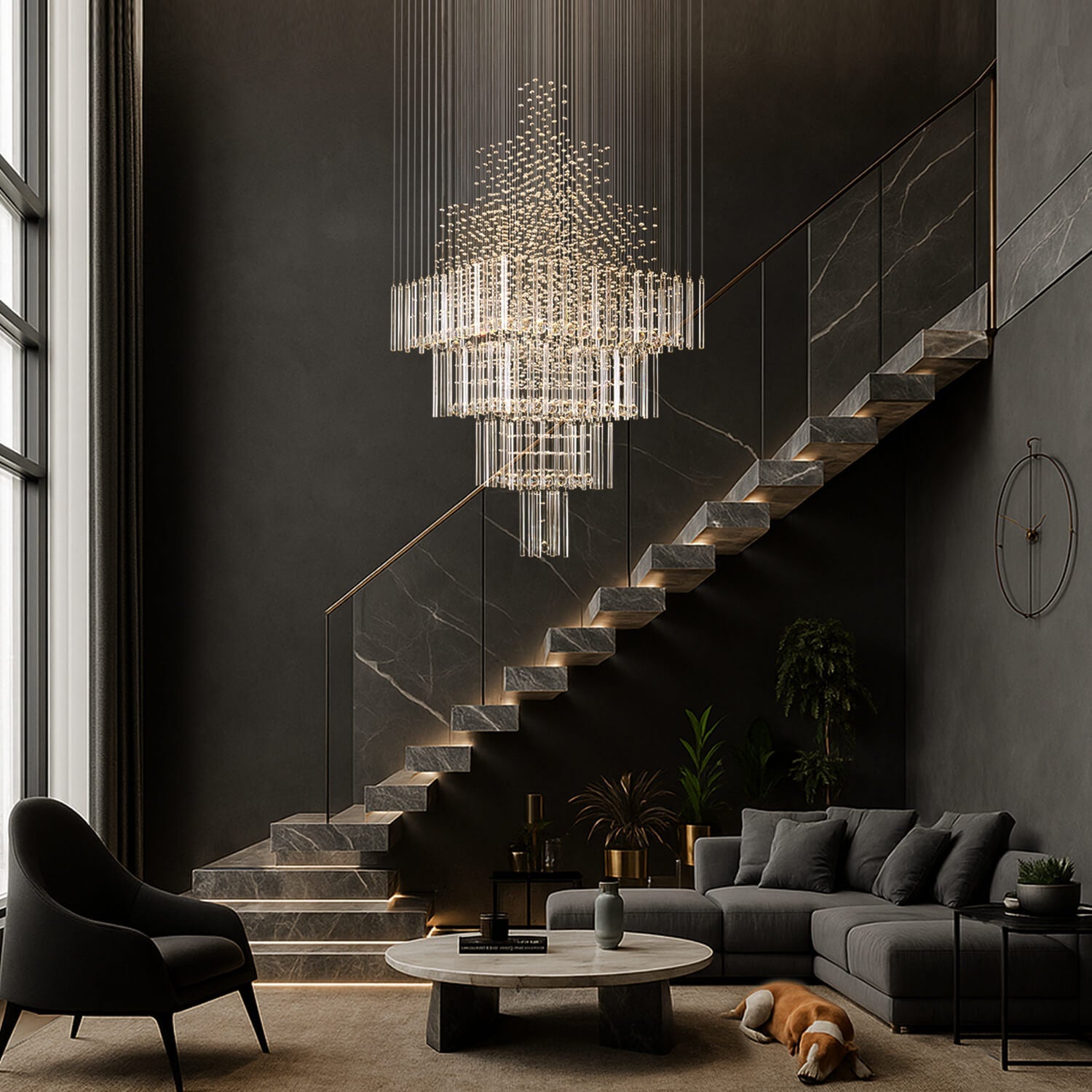 Tiered Crystal Chandelier with Cascading Glass Drops for Foyer, Staircase & High Ceilings – Adjustable Height Modern Lighting Fixture | Thomler