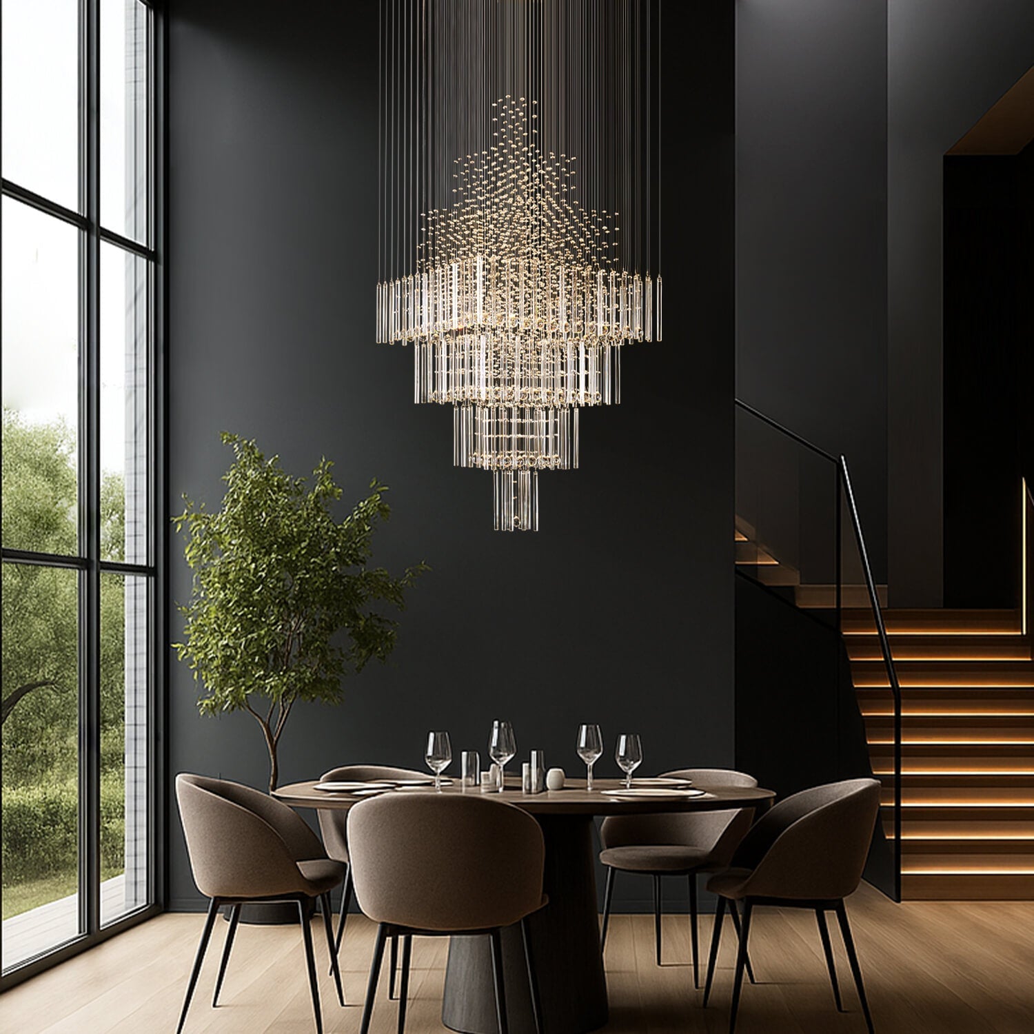 Tiered Crystal Chandelier with Cascading Glass Drops for Foyer, Staircase & High Ceilings – Adjustable Height Modern Lighting Fixture | Thomler