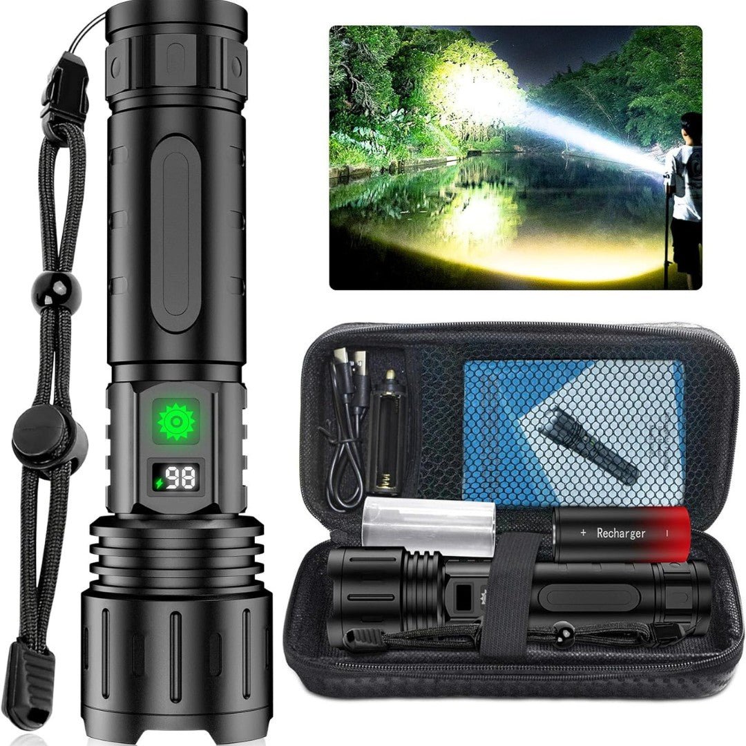 Rechargeable High-Output Tactical Flashlight with USB Power Bank – 5-Mode Zoomable LED Torch for Camping, Emergencies & Outdoor Adventures | Thomler