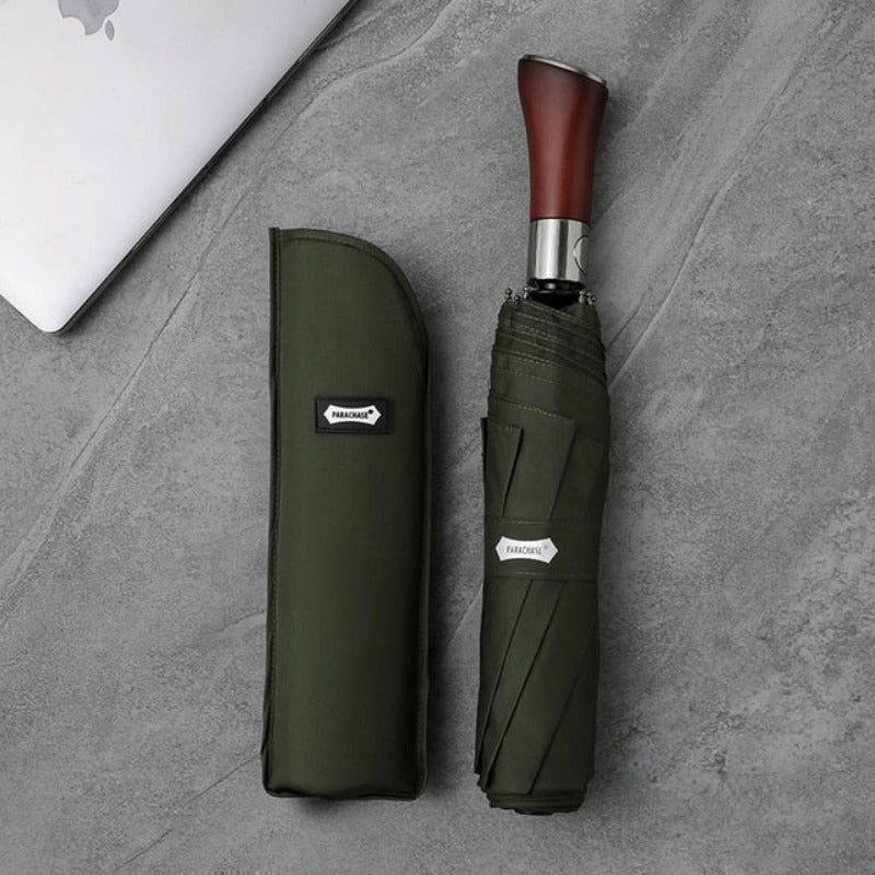 Automatic Open Compact Umbrella with Wooden Curved Handle for Rain – Windproof Canopy with Aluminum Frame – Men's & Women's Travel Accessory | Thomler