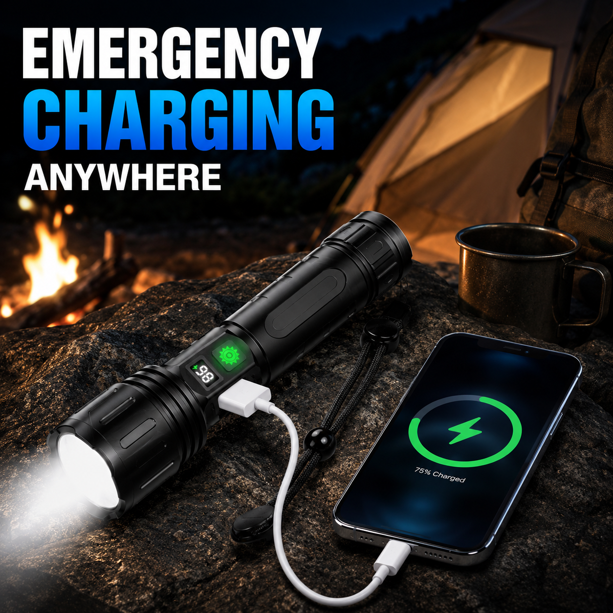 Heavy-Duty LED Flashlight with Power Bank Function, 5-Mode Zoomable Beam, Rechargeable 5000mAh Battery, Waterproof Aluminum Body for Camping | Thomler