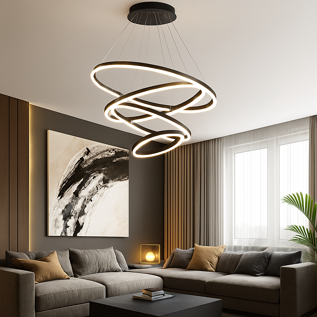 Pendant Light Metal LED Rings 40.0 cm Black Living Room Dining Room Modern Adjustable Hanging Ceiling Chandelier | Thomler