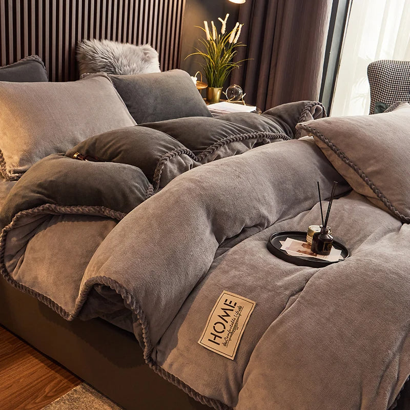 Soft Fleece Comforter Cover Set Winter Warm Bedding Queen King Gray Pink Beige Black for Bedroom Cold Weather Cozy Night Sleep | Thomler