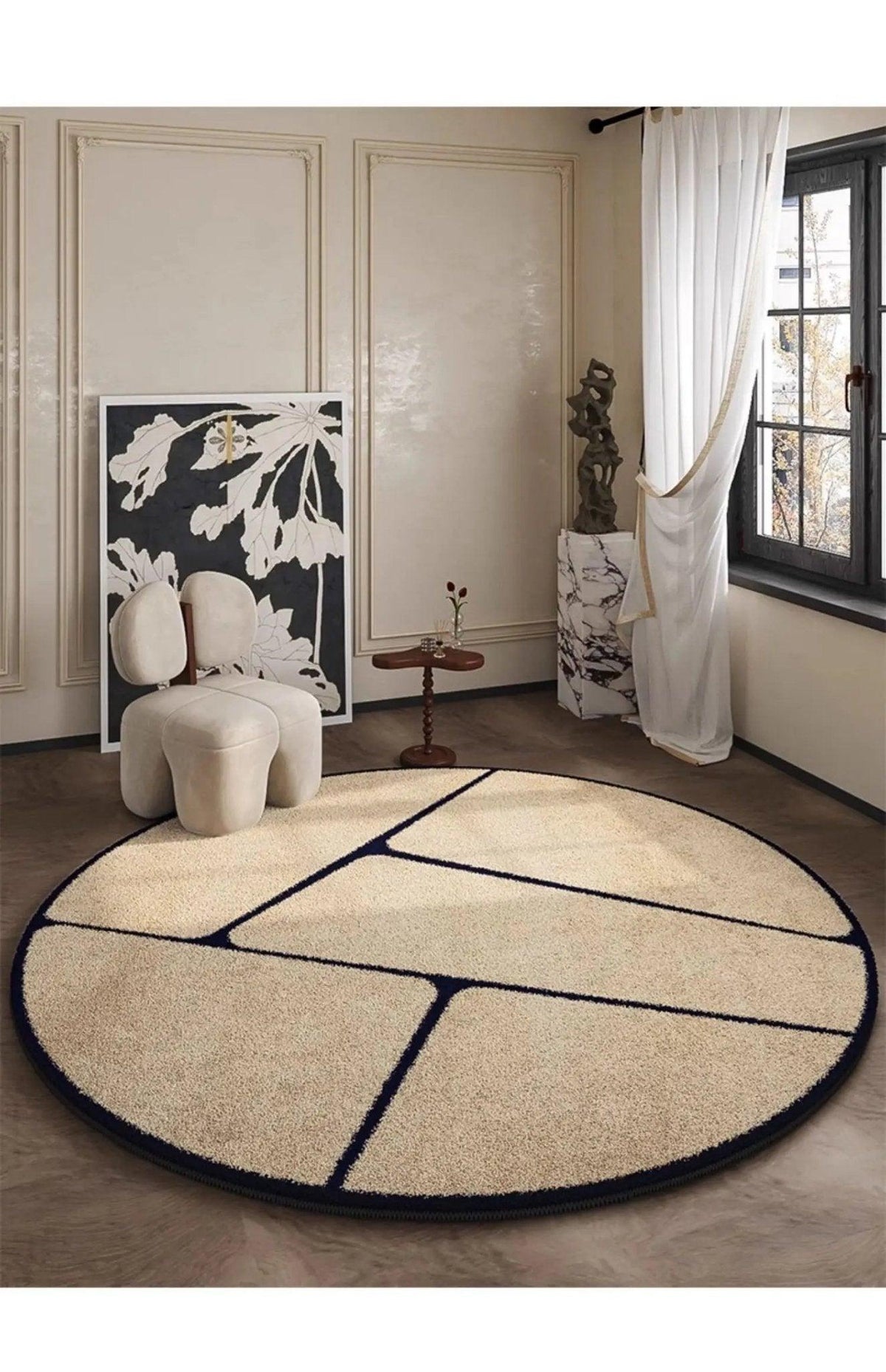 French-Inspired Round Area Rug – Plush Black Pattern Circle Carpet for Living Room, Bedroom & Entryway | Thomler
