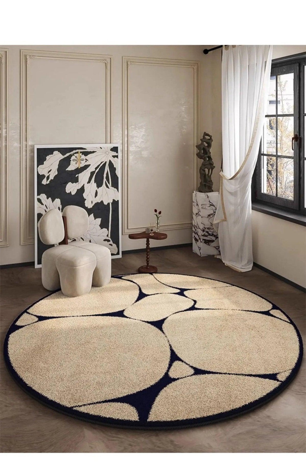 French-Inspired Round Area Rug – Plush Black Pattern Circle Carpet for Living Room, Bedroom & Entryway | Thomler