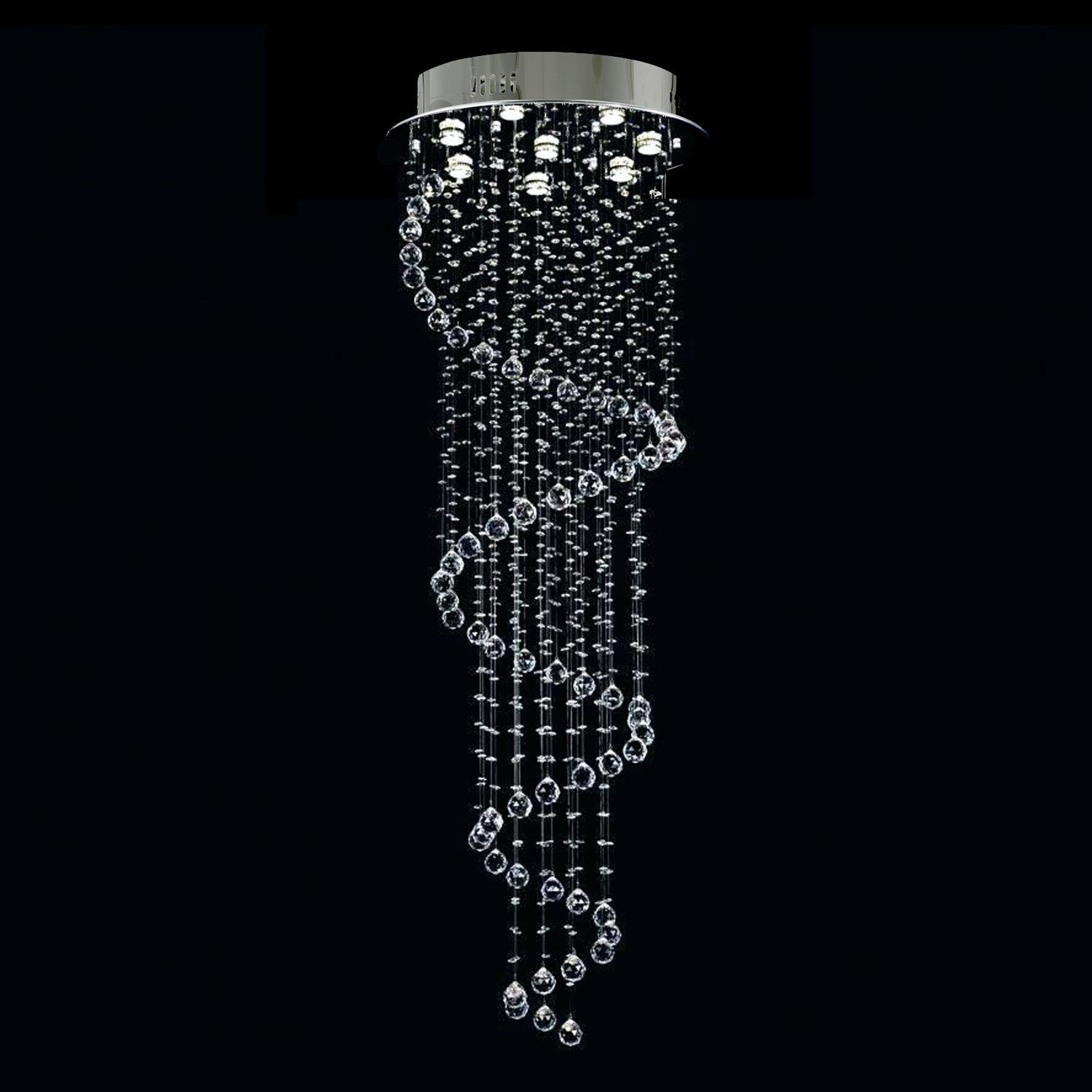 Hanging Raindrop Chandelier with Multi-Tier Clear Faceted Beads & Polished Metal Canopy for Foyer & Stairwell | Thomler