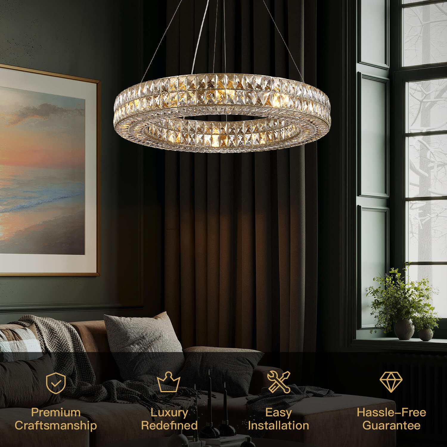 Double-Ring Crystal Chandelier in Gold or Silver Finish – Contemporary Candelabra-Style Hanging Light for Dining Room & Kitchen Island – 3 | Thomler