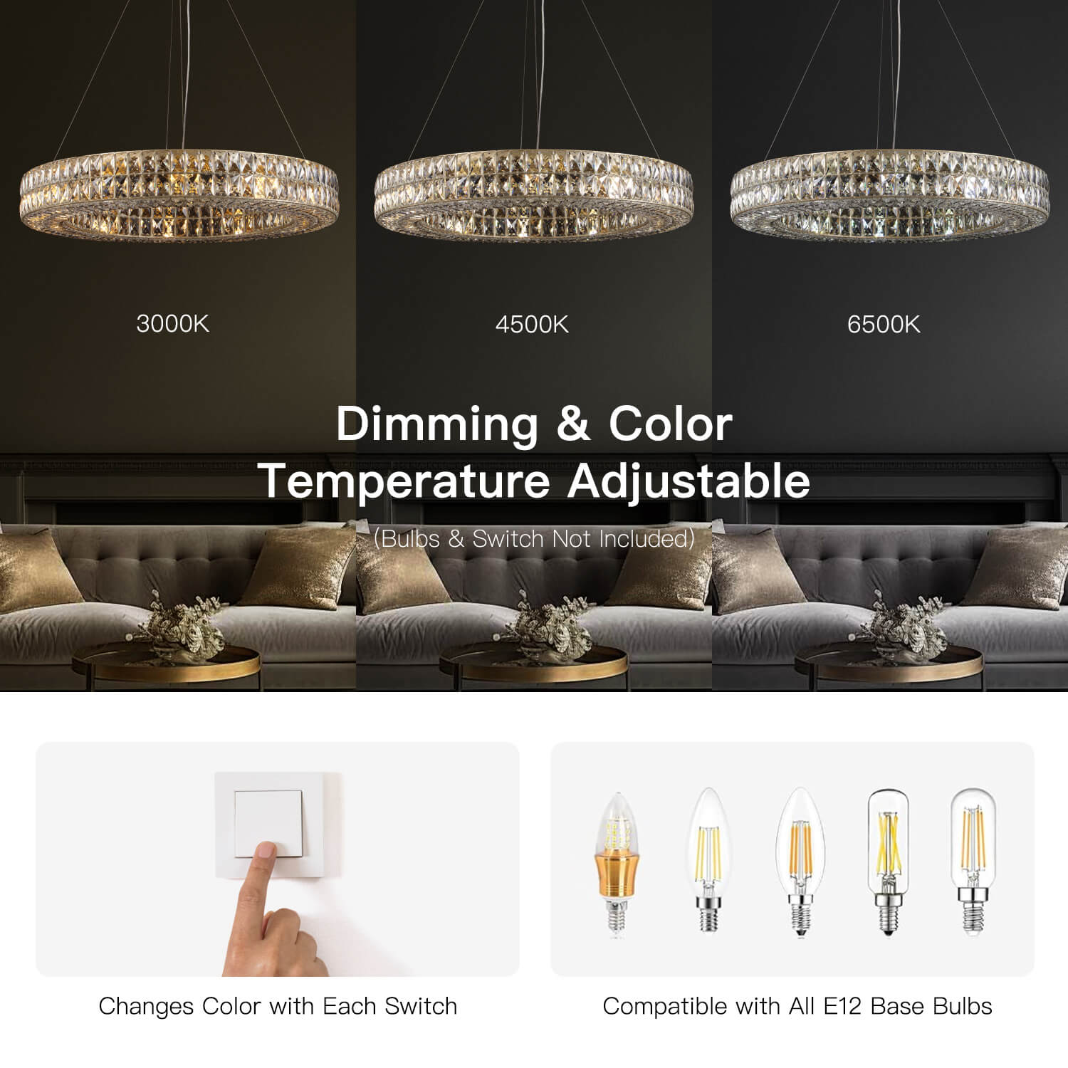 Double-Ring Crystal Chandelier in Gold or Silver Finish – Contemporary Candelabra-Style Hanging Light for Dining Room & Kitchen Island – 3 | Thomler