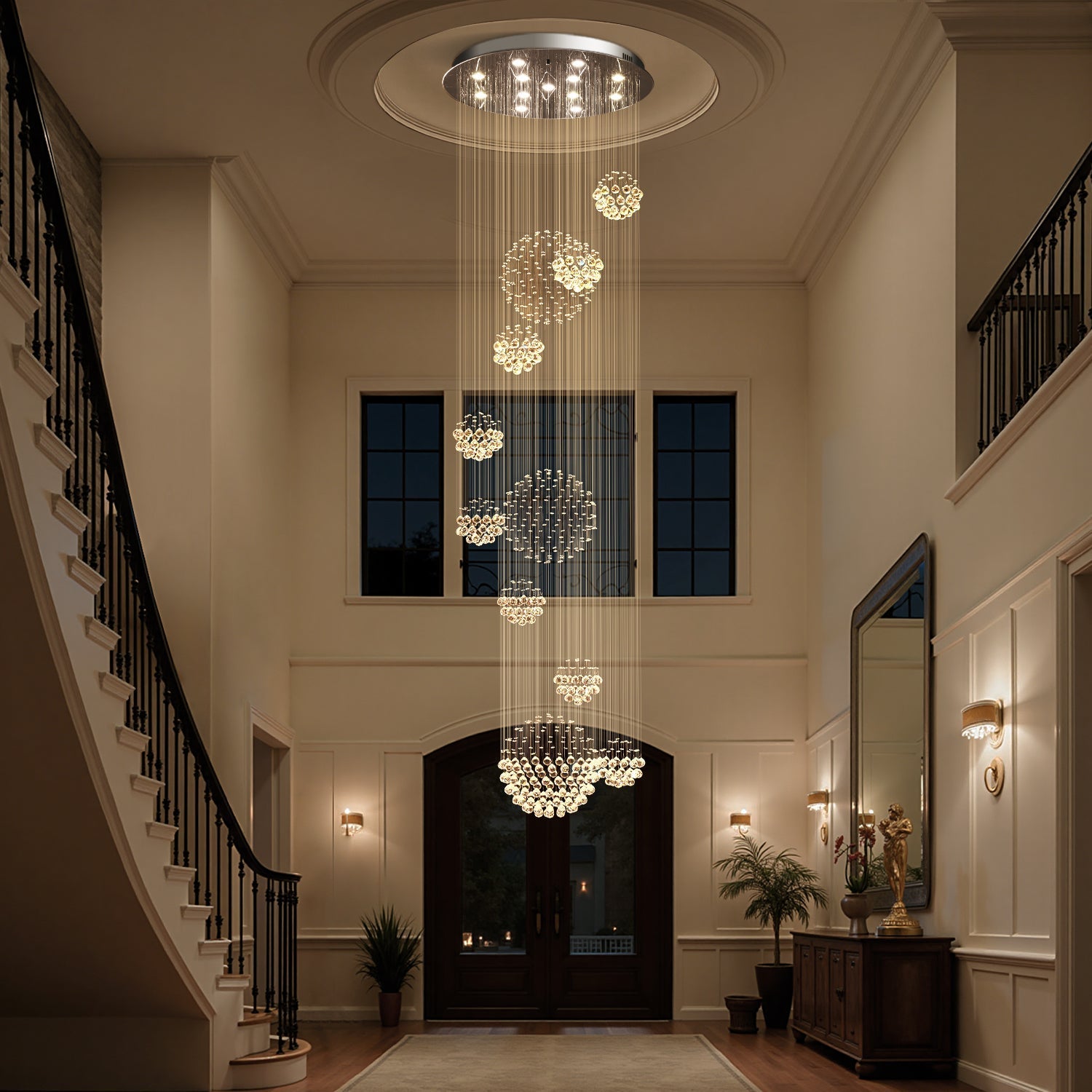 Chandelier Crystal 120.0 cm (47.2") Chrome High Ceiling Stairwell Foyer Multi Ring Raindrop Pendant Light | Thomler