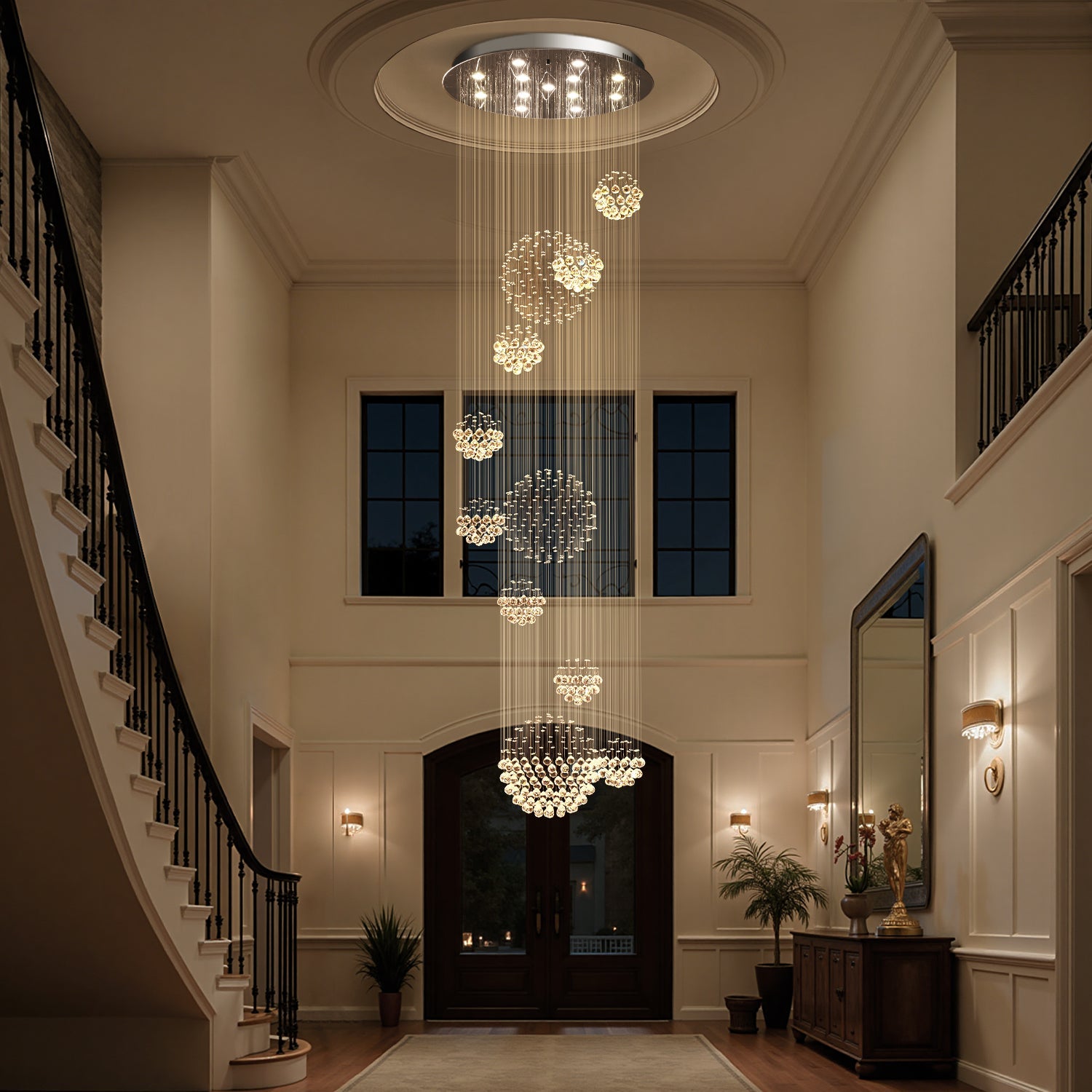 Orbital Raindrop Crystal Chandelier with Multi-Tier Chrome Frame for Stairwells & High Ceilings | Thomler
