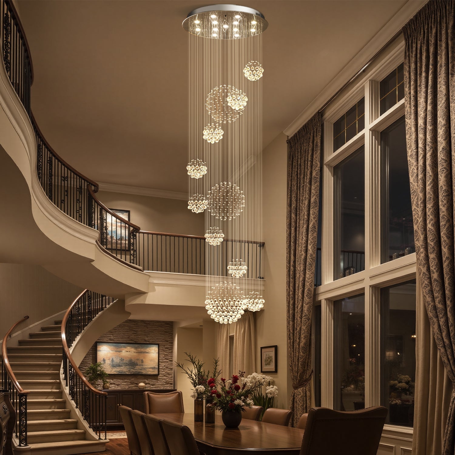 Chandelier Crystal 120.0 cm (47.2") Chrome High Ceiling Stairwell Foyer Multi Ring Raindrop Pendant Light | Thomler