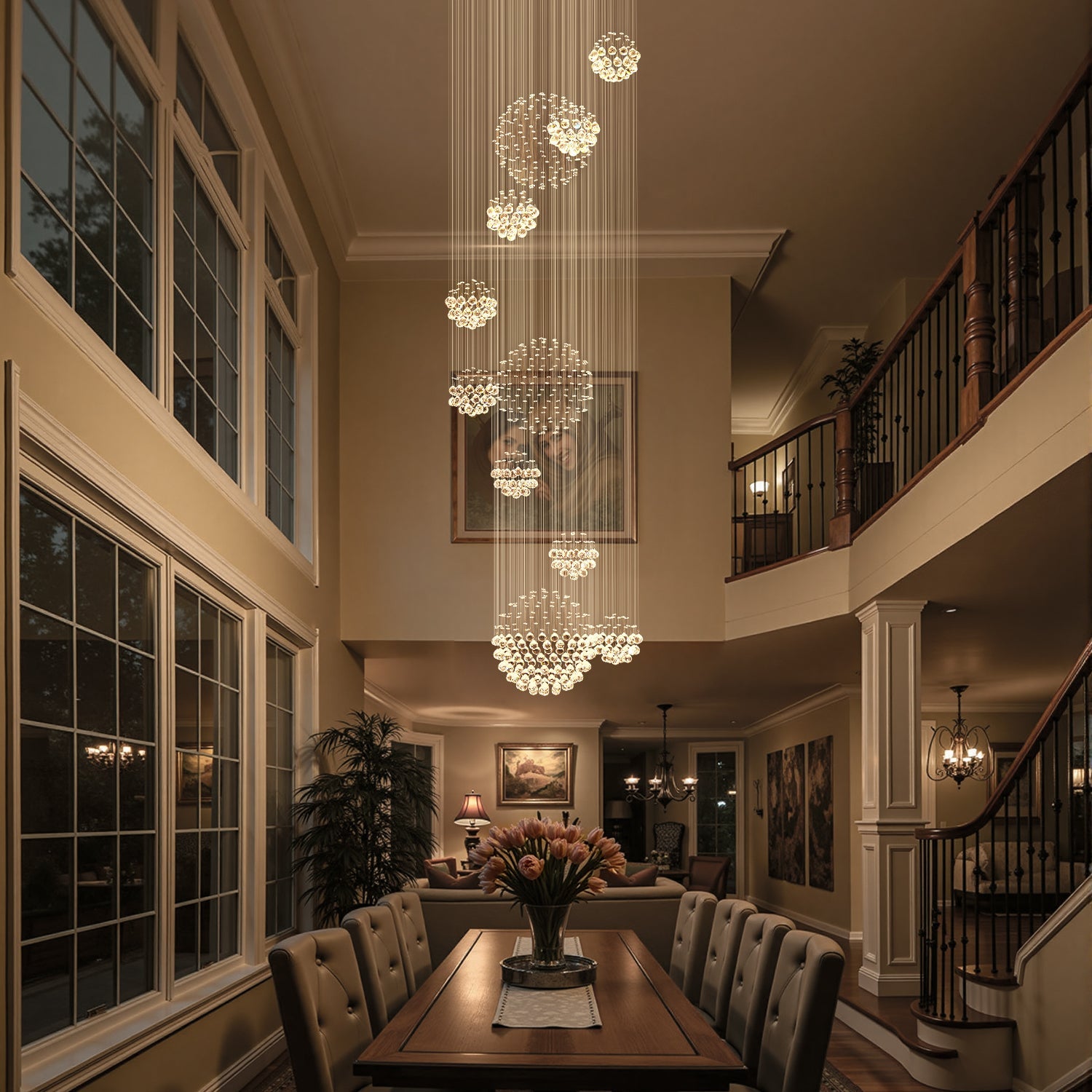 Orbital Raindrop Crystal Chandelier with Multi-Tier Chrome Frame for Stairwells & High Ceilings | Thomler