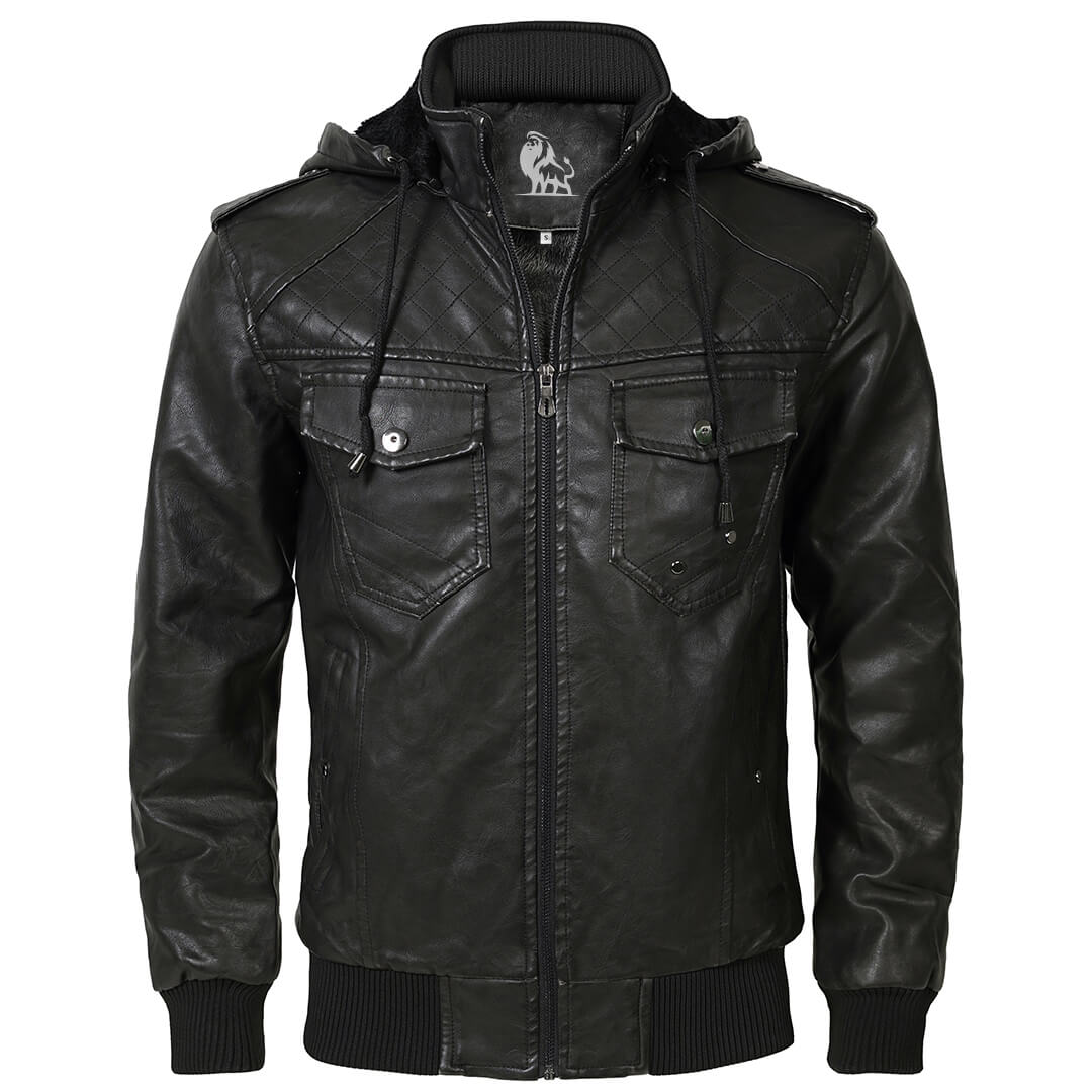 Men's Hooded Faux Leather Jacket – Water-Resistant Moto Coat with Removable Hood for Everyday Wear | Thomler