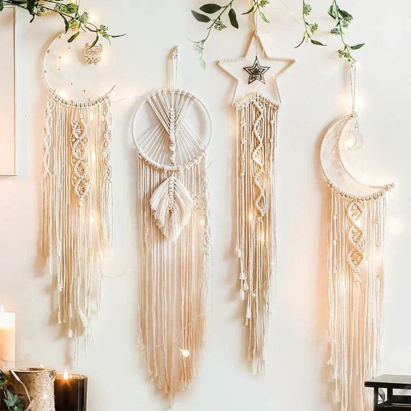 Boho Wall Hanging with Warm LED Accents – Moon, Star & Circle Styles for Bedrooms | Thomler