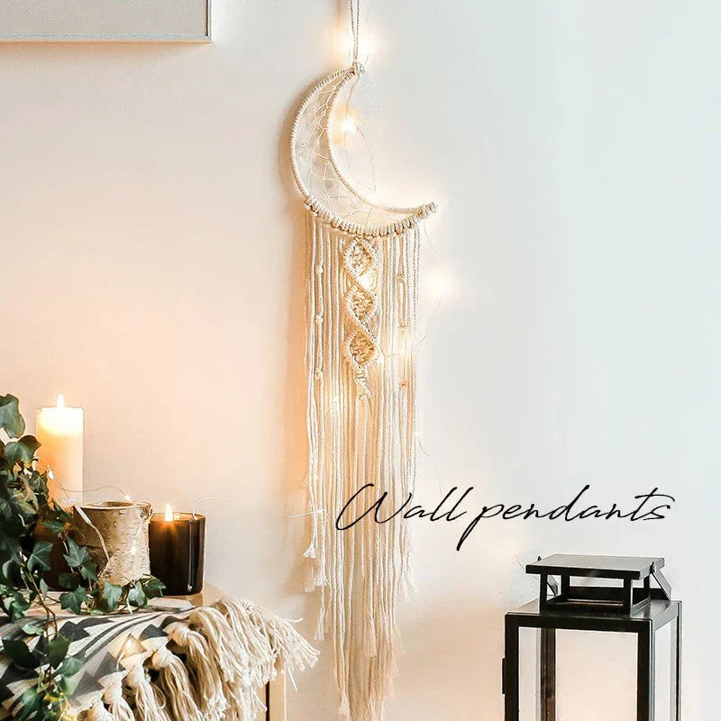 Boho Wall Hanging with Warm LED Accents – Moon, Star & Circle Styles for Bedrooms | Thomler