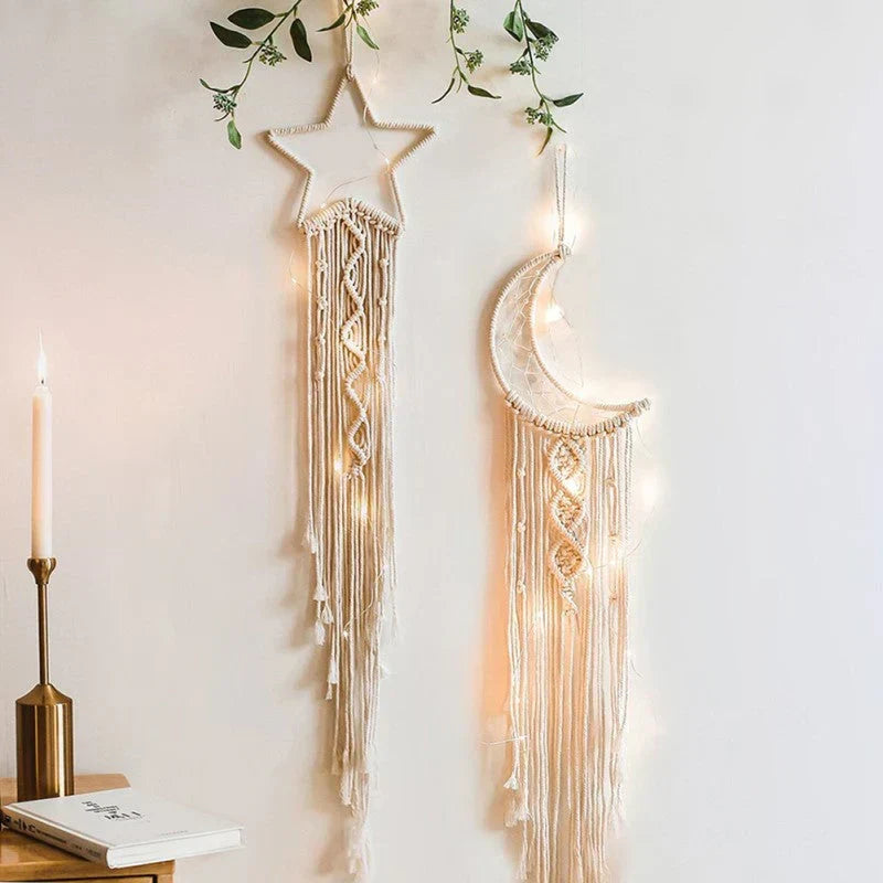 Boho Wall Hanging with Warm LED Accents – Moon, Star & Circle Styles for Bedrooms | Thomler
